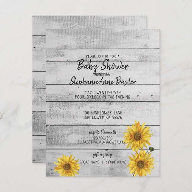 Carte de Baby shower de fleurs de soleil en bois b (Devant / Derrière)