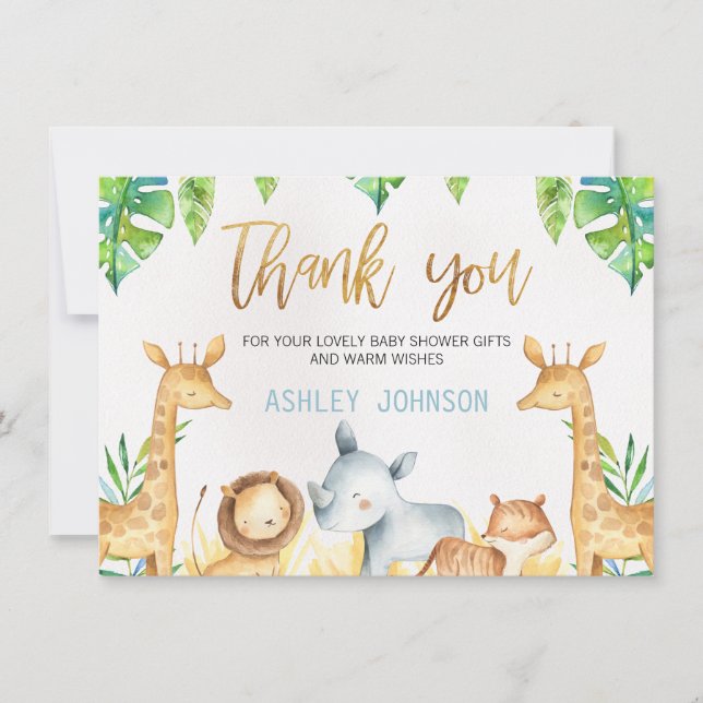 Carte de baby shower de Merci d'animaux de safari (Devant)