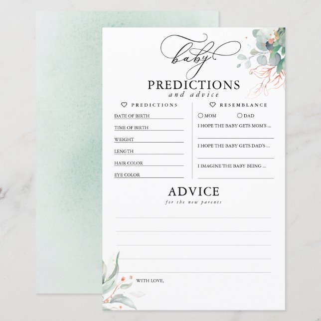 Carte de Baby shower de prédictions et conseils po (Devant / Derrière)