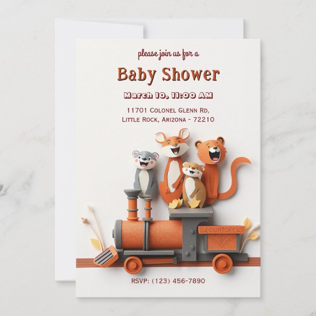 Carte de Baby shower de train animal adorable (Devant)