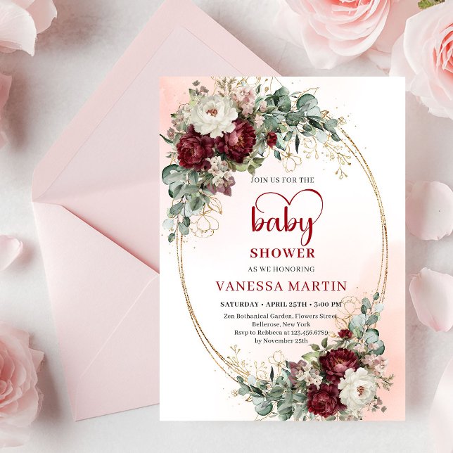Carte de Baby Shower Fleurs de Marsala Élégantes (Stylish Marsala Flowers Greenery Baby Shower Card

)