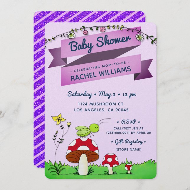 Carte de Baby shower pourpre Sparket Garden (Devant / Derrière)