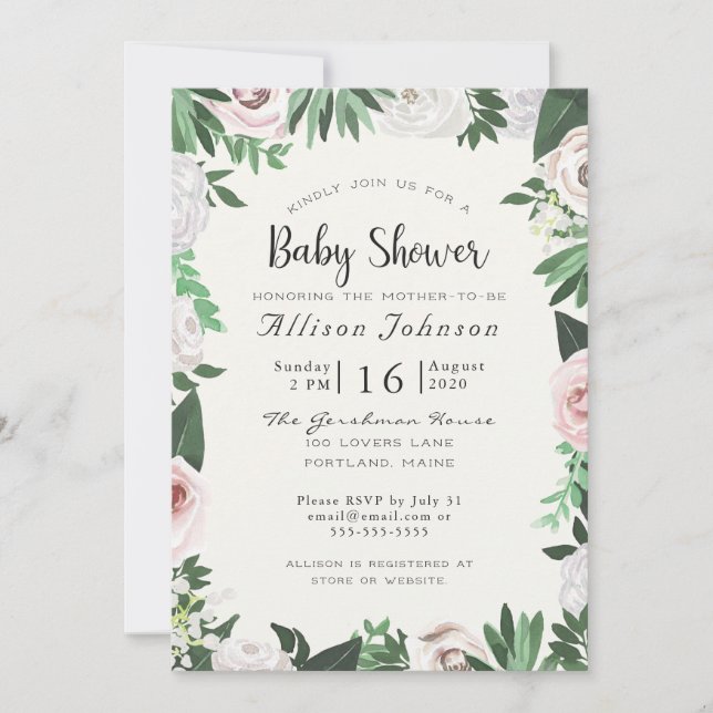 Carte de Baby shower vert blanc floral Aquarelle (Devant)