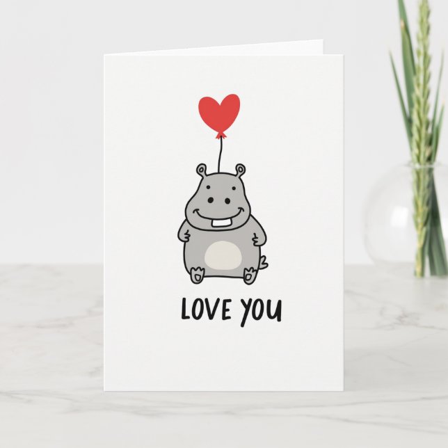 Carte de ballon en forme de cœur avec hippopotame  (Devant)