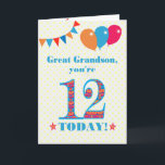 Carte de ballons à bascule Great Grandson 12e anni<br><div class="desc">Carte d'anniversaire colorée pour un arrière-petit-fils de 12 ans, Le grand numéro 12 est rempli d'un motif orange, rouge et bleu, surligné de bleu vif. Il y a des ballons et du bunting en haut, dans des couleurs assorties et l'accueil à la couverture est : "Grand petit-fils, tu as 12...</div>