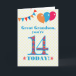 Carte de ballons à bascule Great Grandson 14th Bir<br><div class="desc">Carte d'anniversaire colorée pour un arrière-petit-fils de 14 ans, Le grand numéro 14 est rempli d'un motif orange, rouge et bleu, surligné de bleu vif. Il y a des ballons et du bunting en haut, dans des couleurs assorties et l'accueil à la couverture est : "Grand petit-fils, tu as 14...</div>