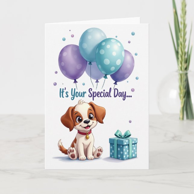 Carte de Ballons d'Anniversaire de Chiots (Devant)