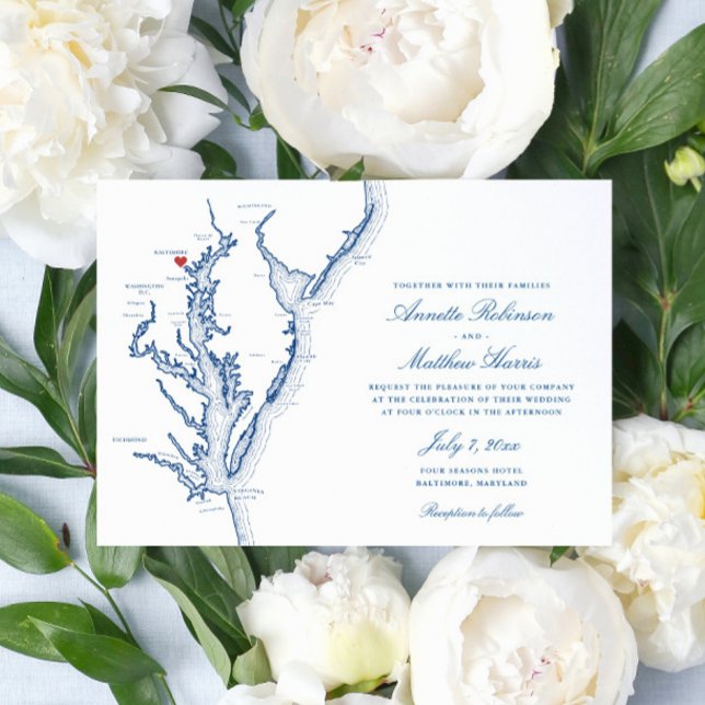 Carte de Baltimore Maryland Élégant Mariage Bleu M (Elegant Baltimore Maryland map wedding invitation with navy blue map of the Chesapeake Bay)