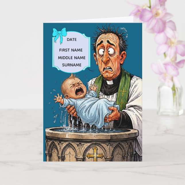 Carte de baptême drôle – Bébé garçon qui pleure (Orchidée)