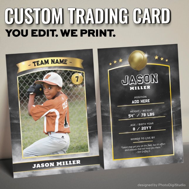Carte de baseball personnalisée Black Gold Stadium (Custom Trading Card, Editable Baseball Trading Card, Modern Black Gold Stadium Design)