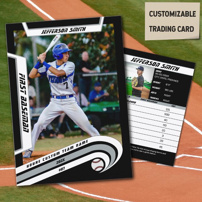 Carte de baseball Trading Lively Silver Black (Baseball Player Trading Card in Black with Custom Team Name and White Silver Elements)