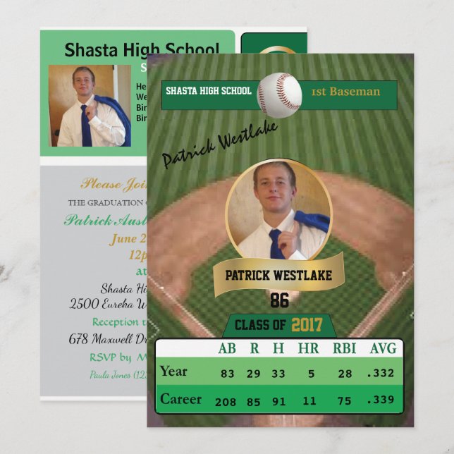 Carte de baseball W/Stats Grad Invitations - vert (Devant / Derrière)