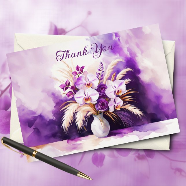 Carte De belles orchidées et roses des pampas Merci (Capture elegance with soft watercolors, perfect for expressing heartfelt thanks.)