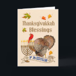 Carte de bénédictions de Thanksgivukkah - la<br><div class="desc">Les bénédictions de ce Thanksgivukkah cardent des caractéristiques la Turquie,  Menorah,  l'automne part et une bannière de famille. Une carte spéciale pour envoyer des bénédictions de Thanksgivukkah à la famille et aux amis. Cartes de sentiments de ©2013 Kreative par le xérès Harris</div>