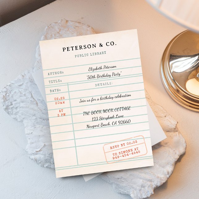 Carte de bibliothèque ancienne Cadeau pour un amou (book lover birthday party invitation library card vintage bookworm literary librarian chic script)