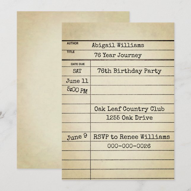 Carte de bibliothèque ancienne pour fête d'anniver (Devant / Derrière)