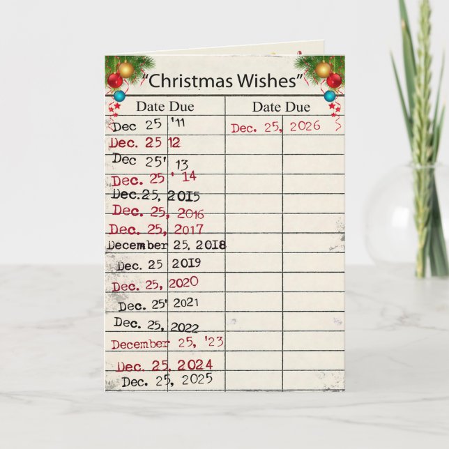 Carte de bibliothèque de Noël 2026 avec dates d'éc (Devant)