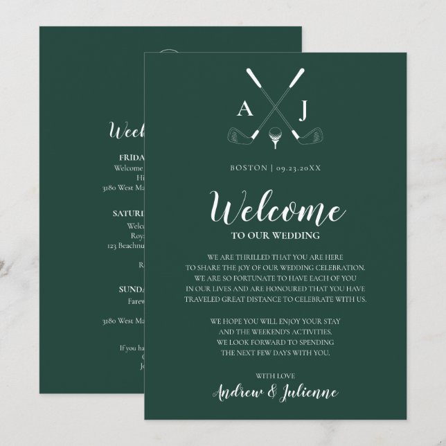 Carte de bienvenue de mariage de golf au monogramm (Devant / Derrière)