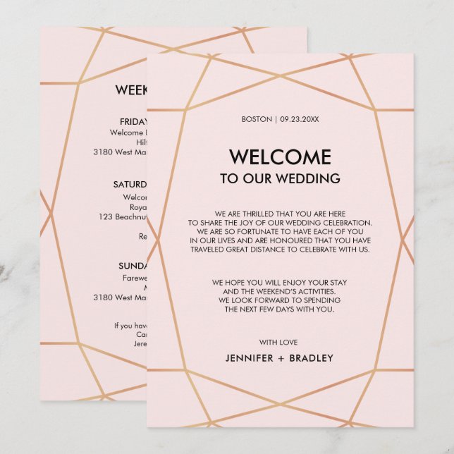 Carte de bienvenue de mariage en rose gold géométr (Devant / Derrière)