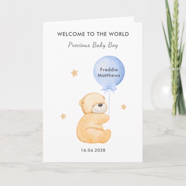 Carte de Bienvenue pour Bébé Garçon avec Ourson et (Devant)
