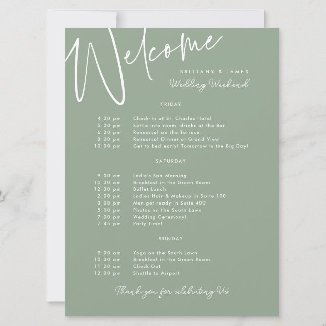 Carte de bienvenue verte mariage Week-end (Devant)