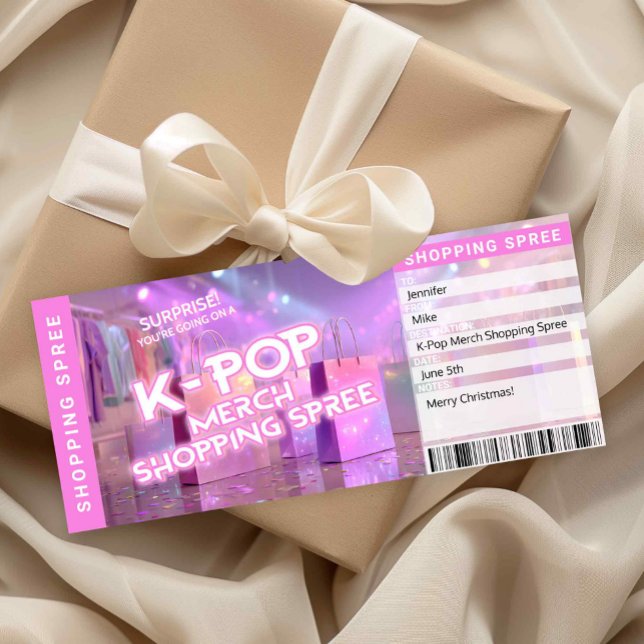 Carte de billet de révélation de virée shopping de (K-Pop Merch Shopping Spree Printable Ticket )