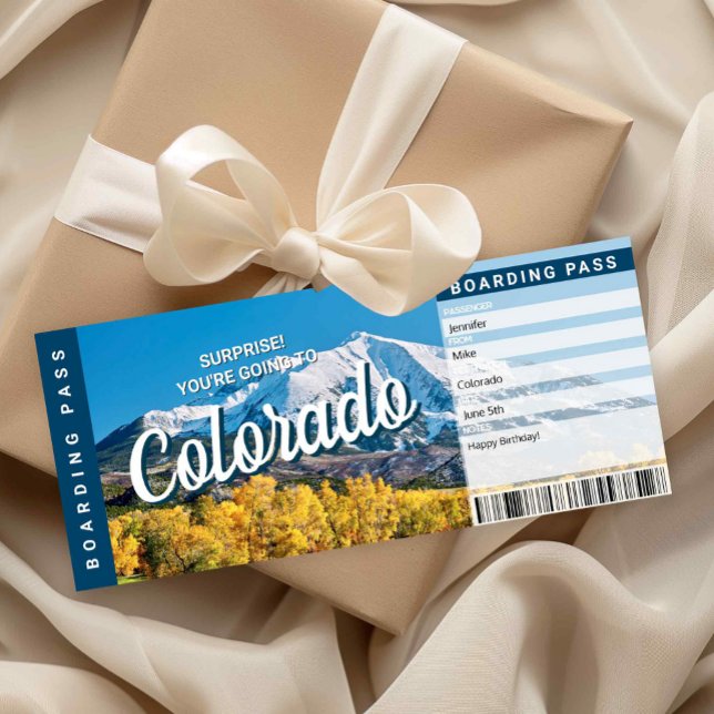 Carte de Billet de Voyage Surprise Colorado (Surprise Trip to Colorado Ticket Printable)