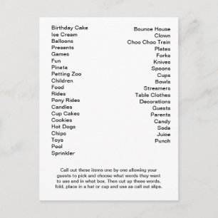 Carte de Bingo Anniversaire Appeler les mots