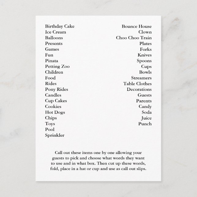 Carte de Bingo Anniversaire Fête Appel Out Mots (Devant)