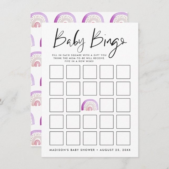 Carte de bingo Baby shower à eau violet arc-en-cie (Devant / Derrière)