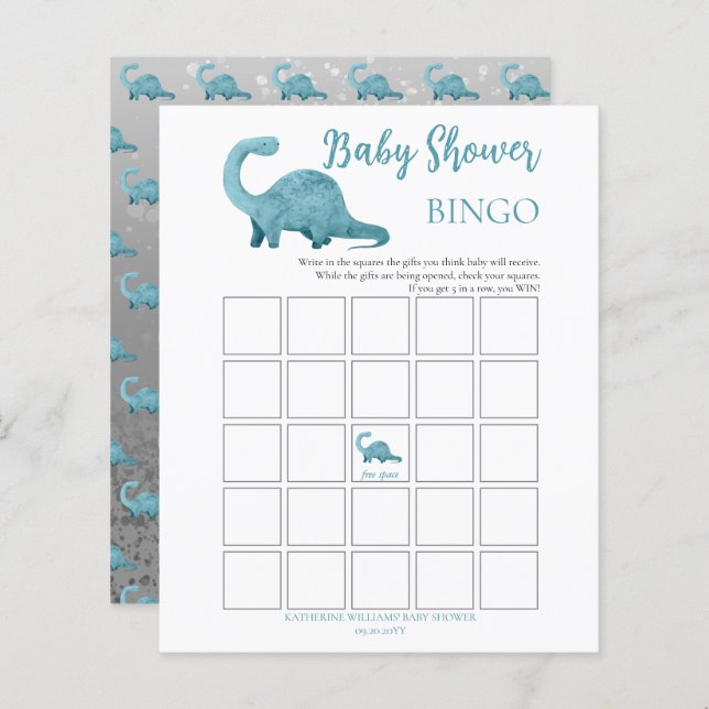 Carte de Bingo Baby shower Garçon Dinosaur bleu (Devant / Derrière)