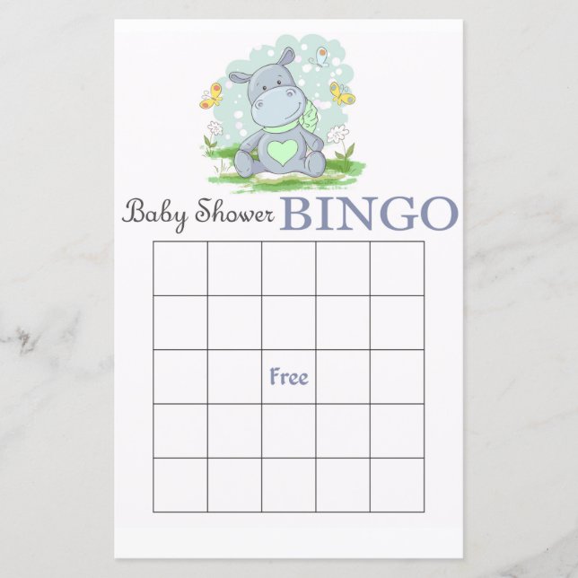 Carte de bingo baby shower hippo bleu (Devant)