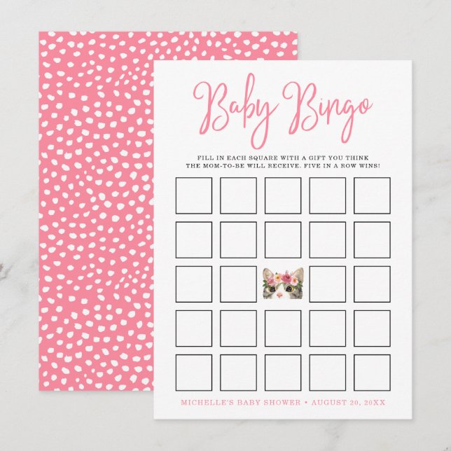 Carte de bingo Baby shower Kitty Sweet Watercolor (Devant / Derrière)