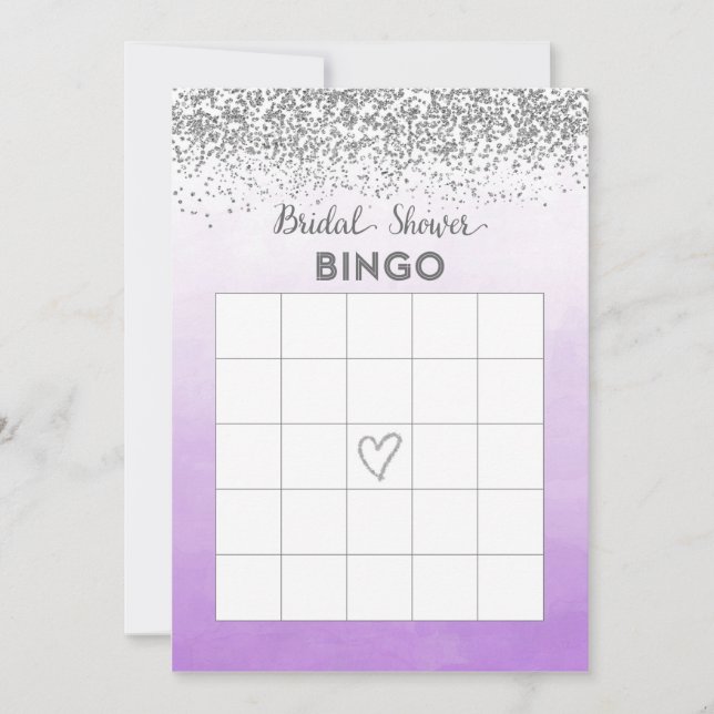 Carte de bingo de douche de mariée violet et argen (Devant)