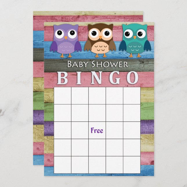 Carte de bingo du baby shower de hibou (Devant / Derrière)