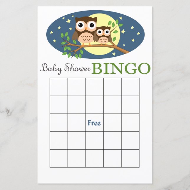 Carte de bingo du baby shower de hibou (Devant)