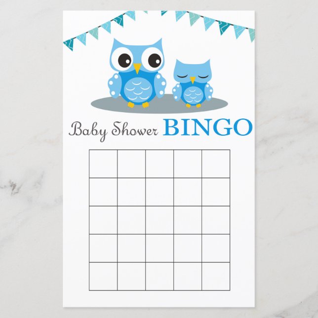 Carte de bingo du baby shower de la Chouette bleue (Devant)