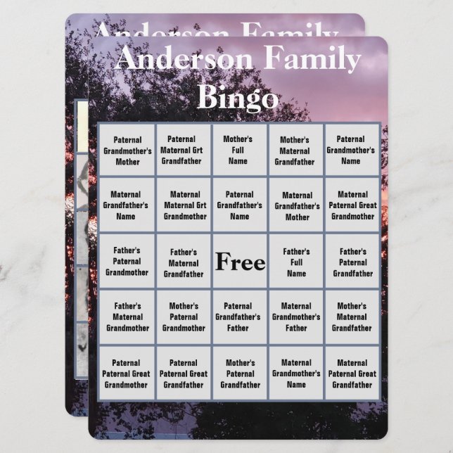 Carte De Bingo Familiale Avec Pink Purple Sunset P (Devant / Derrière)