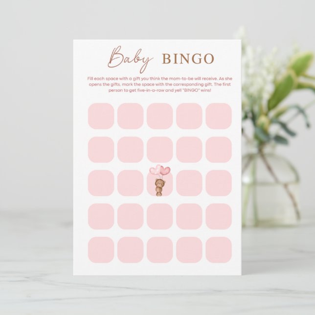 Carte de BINGO Fille pour Baby Shower avec Ours Ro (Debout devant)