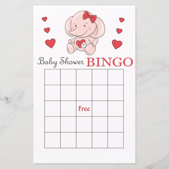Carte de bingo pour baby shower éléphant rose (Devant)
