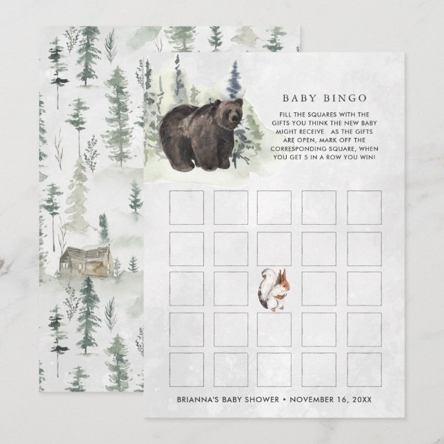Carte de bingo pour Baby Shower | Forêt Rustique (Devant / Derrière)