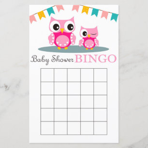 Carte de bingo pour baby shower Hibou rose
