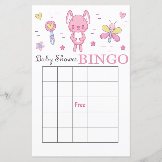 Carte de bingo pour baby shower lapin rose (Devant)