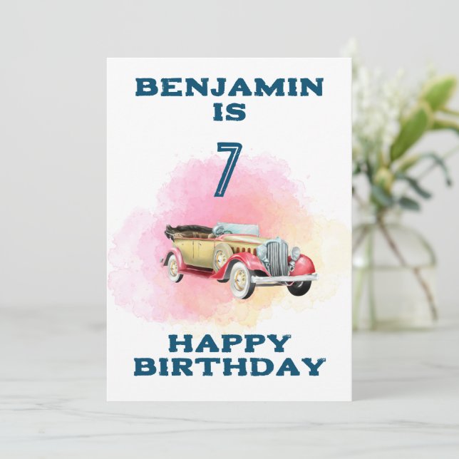 Carte de birthday personnalisée avec une voiture r (Debout devant)