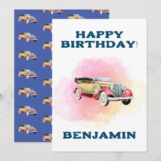 Carte de birthday personnalisée avec une voiture r (Devant / Derrière)