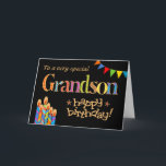 Carte de Birthday pour Grandson, Bunting and Candl<br><div class="desc">A bright and colourful Birthday for a Grandson,  with Birthday Cake Candles,  Bunting and Stars and the word,  'Grandson' in patterned lettering,  outlined in gold-effect (not métallc ink) and Happy Birthday,  donc in gold-effect,  all on a black background. A digital design par Judy Adamson.</div>