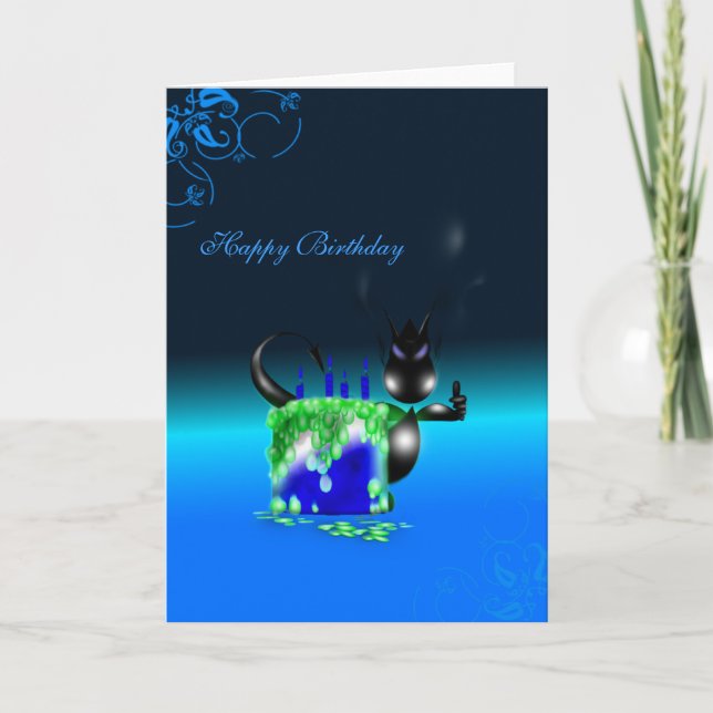 Carte de bleu de gâteau d'anniversaire de dragon (Devant)