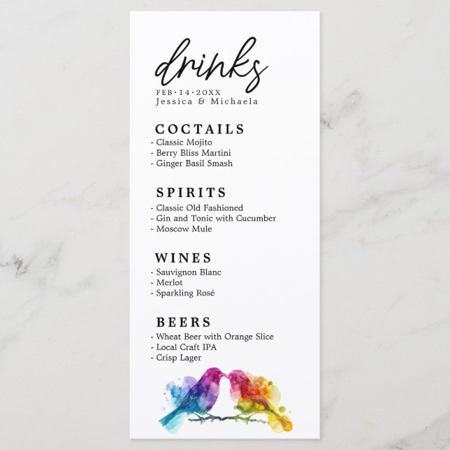 🌈 Carte de boissons Rainbow Lovebirds Collection (Devant)