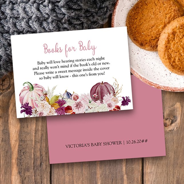 Carte de boîtier de demande de livre rose petit Ci (Fall baby shower book reqeust enclosure card with pink pumpkins and sweet poem)
