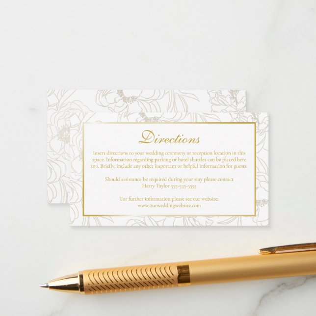 Carte de boîtier Gold Floral Mariage Directions (Devant/Arrière en situation)